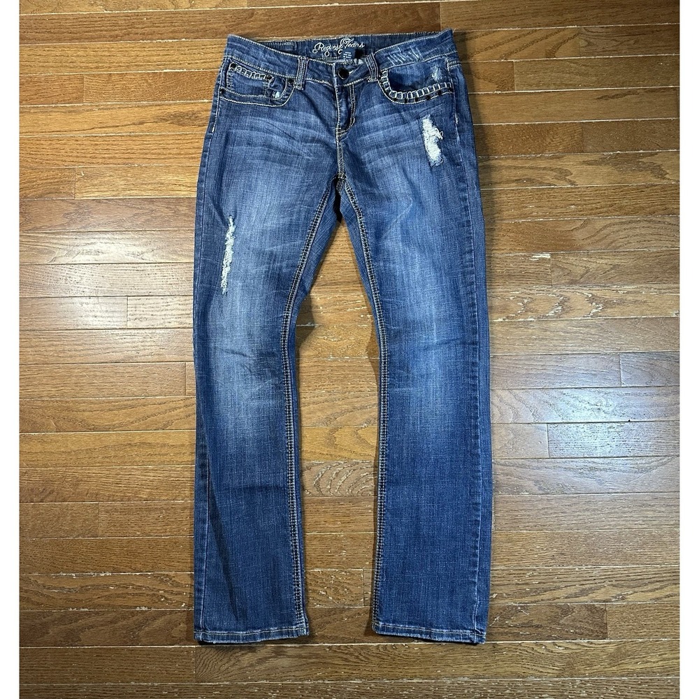 Request Jeans Women 13/32 Low Rise Bootcut Leg Rhinestones Leather Distressed